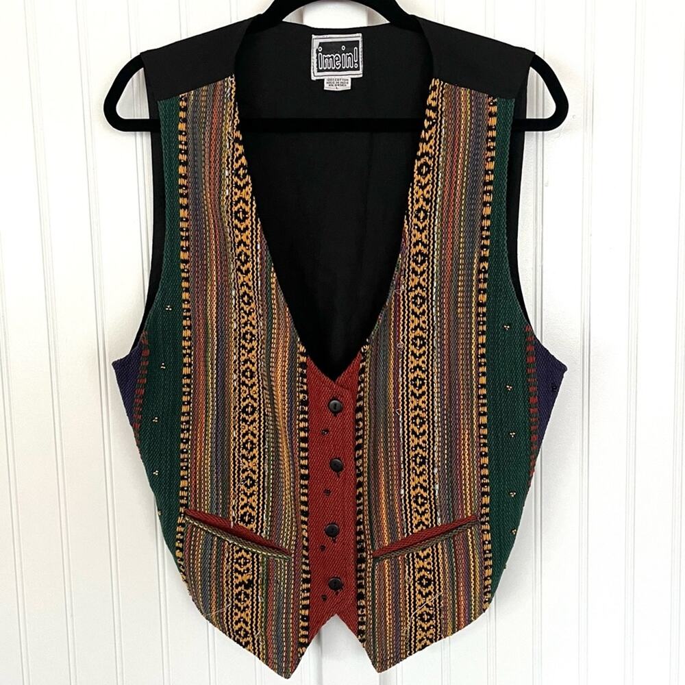 Vintage Funky Vest Woven Beaded Animal Print Ethnic Native Colorful Tuxedo Fit - Picture 2 of 7
